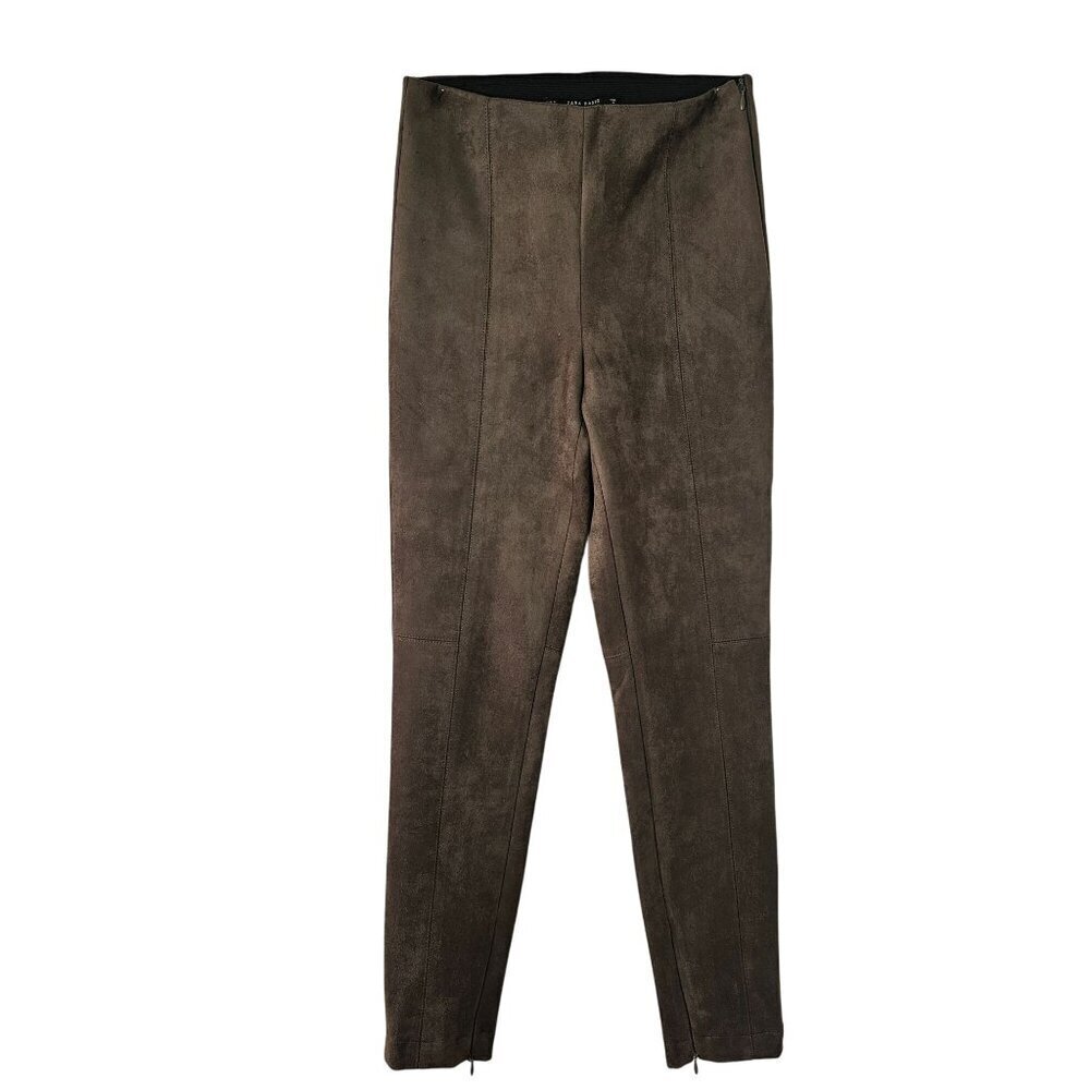 Zara Faux Suede Leggings Womens S Chocolate Brown High Rise Ankle Zip